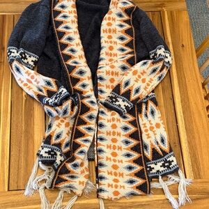 Southwestern Patterned Long Sweater with Fringe